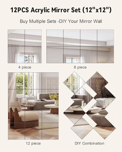 Home Gym Mirrors 12 Inch x 12Pcs Full Length Mirror Tiles Acrylic Unbreakable Wall Mounted Mirror Frameless Full Length for Home Gym, Bedroom, Door - Image 2