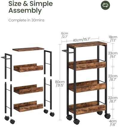 CHOEZON 4-Tier Slim Storage Cart, 7.1'' Kitchen Serving Trolley, Slim Rolling Cart with Handle and Guard Rails, Slim Cabinet for Small Spaces, for Dining Room, Rustic Brown and Black TTC02BF - Image 5