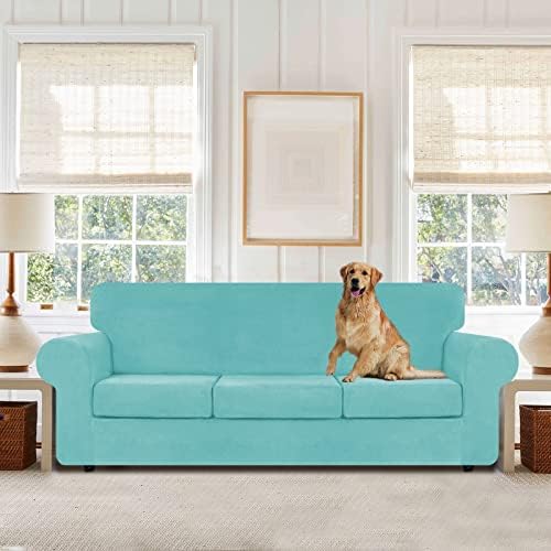WEERRW 4 Pieces Couch Cover for Sofa Velvet Sofa Covers Washable, Aqua - Image 2