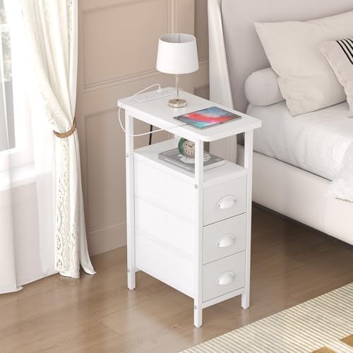 Sthmec End Table with Charging Station,Narrow Side Tables with USB Ports and Outlets,Skinny Bedside Tables with 3 Drawers,Small Tables Nightstands for Small Space,Slim Sofa Table for Livingroom, White - Image 6