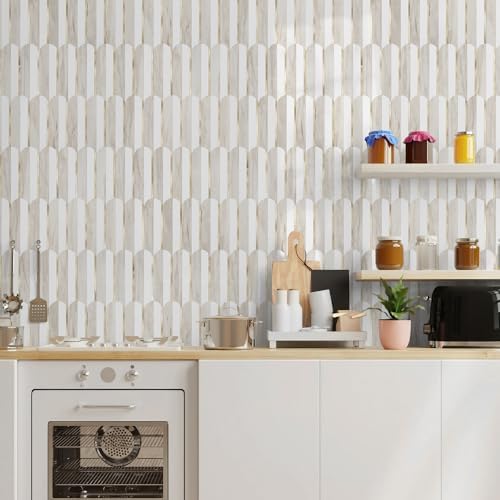Vamos Tile Peel and Stick Backsplash Seamless Tile for Kitchen and Bathroom,White and Glossy Wooden Marble PVC Mixed Light Gold Self Adhesive Fish Scale Metal Mosaic Tiles (10 Sheets) - Image 6