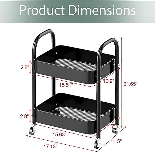 Melody House 2 Tier All-Metal Rolling Storage Cart with Handle and Locking Wheels - Kitchen, Laundry, Office, Bathroom Organizer, Black - Image 4