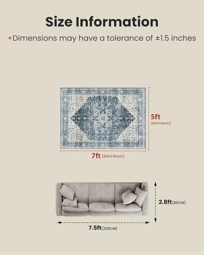 AMADA HOMEFURNISHING 5x7 Area Rugs, Washable Living Room Rug Low-Profile with Non-Slip Backing & Durable Edge Binding, Vintage 5x7 Rugs for Living Room, Bedroom, Dinning Room - Image 2