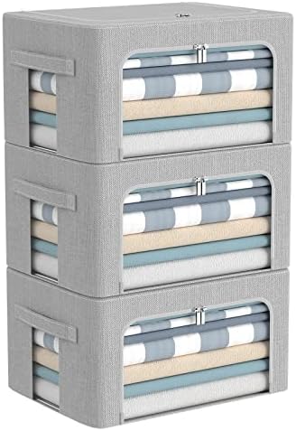 CYhom 3Pack Foldable Storage Bins - Frame Storage Box Linen Fabric Stackable Clothes Container Organizer with Clear Window & Carry Handles Large Capacity (Small-22L, Light Grey) by CYhom