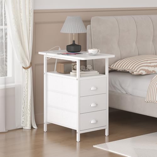 sthmec End Table with Charging Station, Side Tables Livingroom with USB Ports and Outlets,Narrow Nightstands Bedside Tables with 3 Drawers PU Finish for Small Space,Slim Sofa Table Bedroom,White - Image 6
