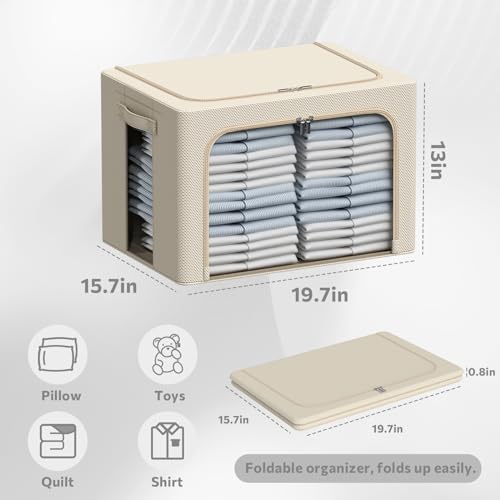 CYhom 3Pack Frame Storage Box - Clothes Storage Bin Bags Oxford Fabric Foldable Stackable Container Organizer Set with Clear Window & Carry Handles Large Capacity (Beige, Large-66L) - Image 6