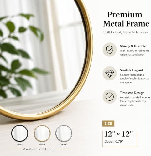 12"x12" Round Decorative Wall Mirror, 2 Pack Metal Framed Real Glass Mirror, Aesthetic Rounded Shape Vanity Mirror for Bedroom, Living Room, Gold Accent Home Decor - Image 2