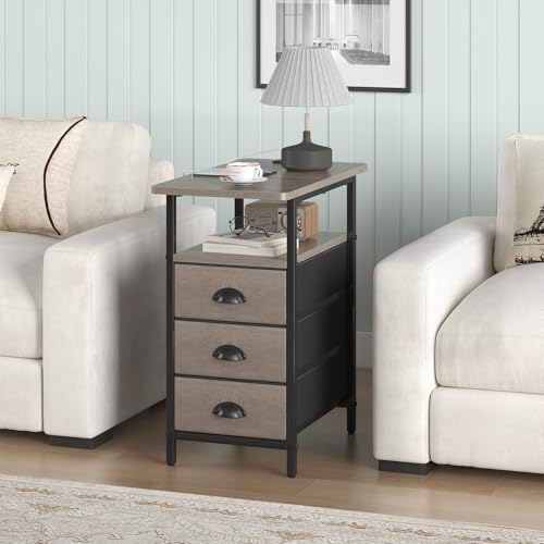 sthmec End Table with Charging Station, Side Tables Livingroom with USB Ports and Outlets,Narrow Nightstands Bedside Tables with 3 Drawers for Small Space,Slim Sofa Table Bedroom,Grey - Image 2