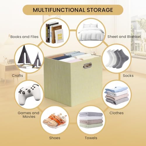 Posprica Storage Cubes, 13 x 13 x 13 Inches Fabric Bins with Double Handles，Cubes Basket Containers, For Shelf Cabinet Bookcase, Closet Organizers for Shelves, Foldable-Set of 4, Yellow/Beige mixed - Image 5