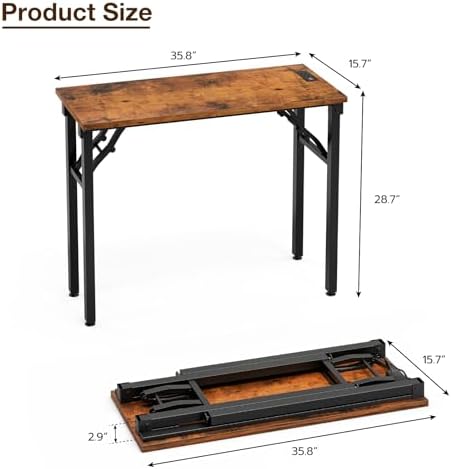 TEMI Small Computer Desk Folding Table - No Assembly, Compact 35.8" Foldable Desk with Power Outlets & USB Charging Port, Portable Small Office Desk, Ideal Mini Study Table for Narrow Spaces, Brown - Image 3