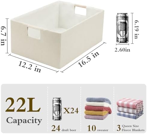 Foldable Fabric Storage Cubes, Cloth Storage Baskets with Wooden Handles, Shelf Closet Organizer Bins, Rectangular Linen Storage Boxes for Decor, 16.5 x 12.2 x 6.7 Inches - Image 3