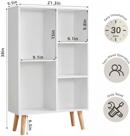 YAHARBO Small White Bookshelf,3 Tier Modern Kids Bookcase with Legs,5 Cube Wooden Bookshelves Storage Shelf,Book Shelves Organizer,Display Bookcases Cabinet for Room Nursery Study - Image 2