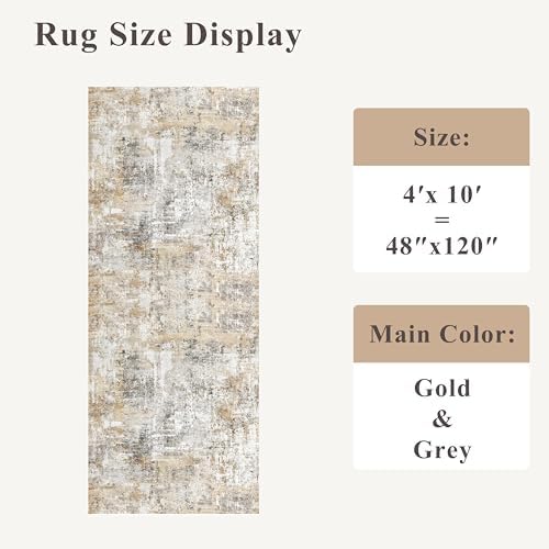 4x10 ft Extra Wide Hallway Rug – Non-Slip Washable Rubber-Backed Large Carpet Runner for Kitchen, Entryway | Modern Abstract, Low-Pile Thin Floor Mat for Bedroom Living Room Dining Room (Gold Grey) - Image 2