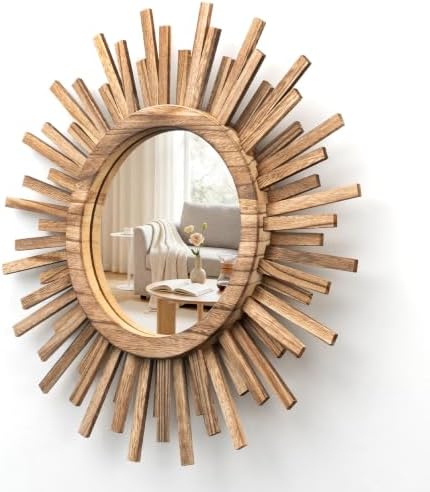 18 Inch Boho Sunburst Mirror, Round Wooden Wall Decor Starburst Sun Mirror for Bedroom, Living Room, Bathroom, Hallway, Balcony, Farmhouse Entryway, Housewarming Gift（Rustic Brown by Makelifemorewonderful