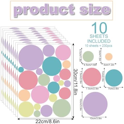 230 PCS Pastel Polka Dot in Soft Muted Colors Tones Wall Decals Set | 10 sheets removable waterproof peel & stick circle wall stickers for nursery, kids room, bedroom, playroom & home decor - Image 2