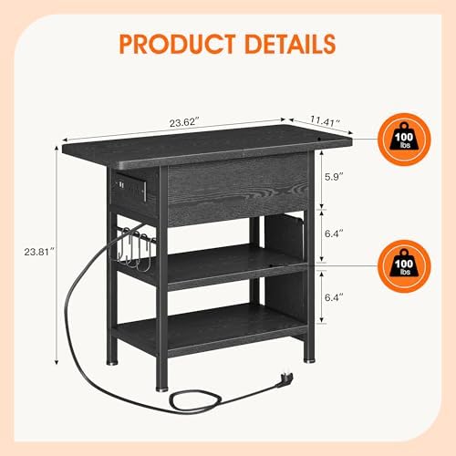 End Table with Charging Station, Flip Top Nightstand with USB Ports and Outlets,Couch Side Table with Fabric Bag and Hooks, Bedside Table for Space Saving, Living Room, Bedroom (Black) - Image 3