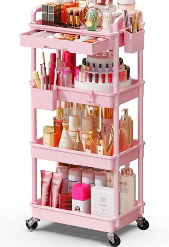 SUNALLY Makeup Cart Organizer with Drawer, 4 Tier Rolling Makeup Cart, Pink by SUNALLY