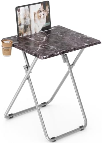 Folding TV Tray Table,TV Dinner Table with Sturdy MDF Top, Foldable Desk with Cup Holder Portable, Eating Trays for Living Room with No Assembly Required, 15 x 18.9 x 25.6 in (Black Marble) by Fleecy+day