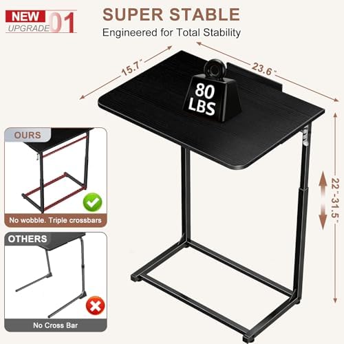 Tv Tray Table,Extra Large Dinner Food Tray Table,Couch & Bed Eating Desk,Heavy Duty Folding Laptop Side Table with 8Height & 90° Tilt Adjustable,C-Shaped End Table with Phone/Tablet Slot Black - Image 2