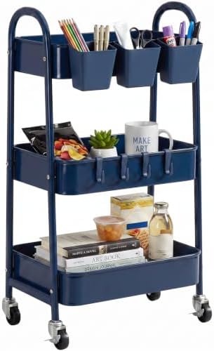 danpinera 3-Tier Rolling Cart, Utility Cart Mobile Metal Rolling Storage Cart with Lockable Wheels & Hanging Cups & Hooks for Kitchen, Bathroom, Office, Workshop, Dark Blue by danpinera