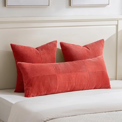 Fancy Homi 2 Packs Red Big Decorative Throw Pillow Covers 24x24 Inch for Couch Bed Sofa, Holiday Christmas Home Decor Gift, Soft Corss Corduroy Patchwork Accent Square Cushion Case 60x60 cm - Image 5