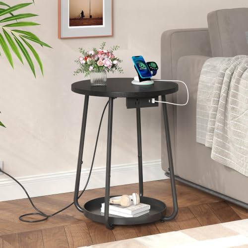 sthmec Small Round Side End Table with Storage and Charging Station, 2 Tier Round Bedside Sofa Couch Coffee Tables with Tray, Metal Nightstand for Small Spaces, Living Room Bedroom, Black - Image 7