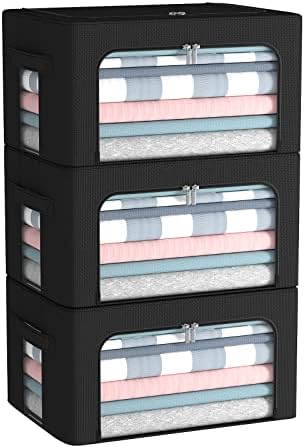 CYhom 3Pack Foldable Storage Bins - Frame Storage Box Linen Fabric Stackable Clothes Container Organizer with Clear Window & Carry Handles Large Capacity (Small-22L, Black) by CYhom