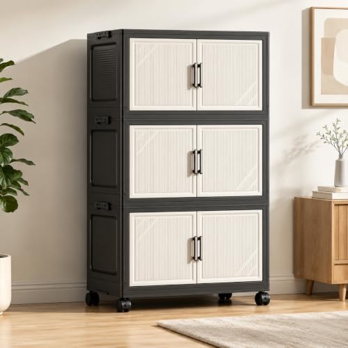 3 Tier Foldable Storage Cabinet with Wheels and Magnetic Doors by FoldTrend