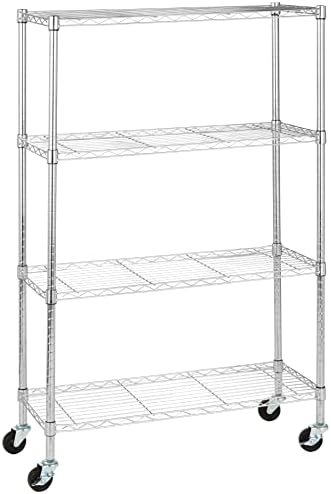 Amazon Basics 4-Shelf Adjustable Heavy Duty Storage Shelving Unit with Wheels, No-Tool Easy Assembly, Garage Shelving, Metal Wire Rack with Casters and Leveling Feet, 36" x 14" x 57.8", Chrome by AmazonBasics