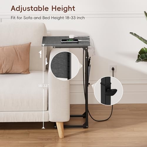 Vagusicc C-Shaped End Tables Set of 2 with Charging Station, 33'' Tall C Table Adjustable Height Side Table for Couch, Small Couch Table that Slide Under Sofa, TV Trays for Living Room, Gray Walnut - Image 5