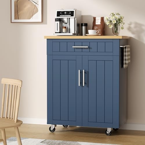 Shintenchi Kitchen Island cart with Storage, Portable Bar Cabinet on Wheels, Rolling Microwave Cart Side Table with Workstation for Kitchen, Dinning Room, Blue - Image 2
