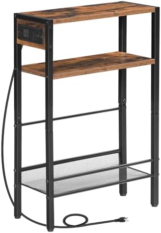HOOBRO Small Narrow Side Table with Charging Station, Skinny End Table for Small Spaces, Slim Nightstand with USB Ports Outlet, Sofa Beside Table with Storage Shelf, Rustic Brown and Black BF102UBZ01 by HOOBRO