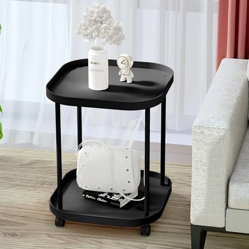 Side Table with Wheels, 2-Tier End Table Small Night Stand - Image 2