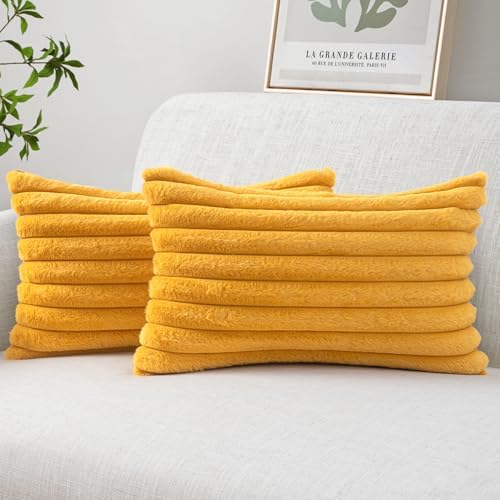 MIULEE Faux Fur Lumbar Throw Pillow Covers 12x20 Set of 2 Mustard Yellow by MIULEE
