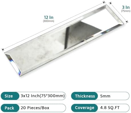 Peel and Stick Mirror Tiles, 3x12 Inch Beveled Mirror Tile Light Antique for Kitchen Bathroom Wall 20 Pcs - Image 3