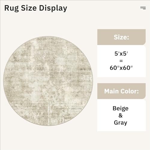 Soalmost Abstract 5x5 Round Rug 5ft Circle Living Room Rugs, Beige/Gray - Image 5