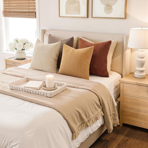 Topfinel 20x20 Inch Pillow Covers Set of 4 Rustic Modern Soft Corduroy Striped Decorative Cushion Cover Yellow Brown Gradient Farmhouse Pillow Case for Sofa Couch Living Room Bedroom - Image 5