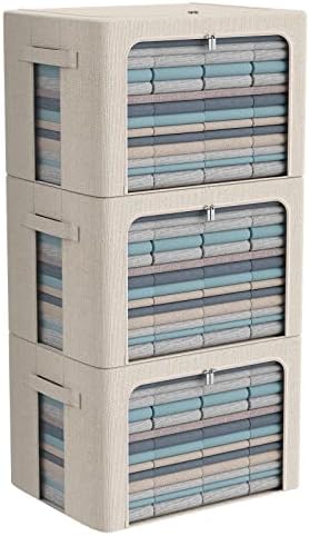 CYhom 3Pack Foldable Storage Bins - Frame Storage Box Linen Fabric Stackable Clothes Container Organizer with Clear Window & Carry Handles Large Capacity (Large-66L, Beige) by CYhom