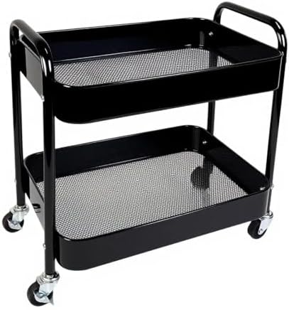 2 Tier Short Rolling Cart with Wheels for Under Desk Storage & Panrty Floor Organizer, Large Capacity Metal Kitchen Utility Cart, Sturdy Makeup Organizer for Small Space with 4 Hooks, Black by LIWNYRK