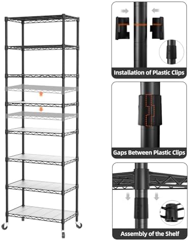 SINGAYE 8 Shelves Storage Wire Shelf Closet Metal Shelving Pantry Wheels - Image 6
