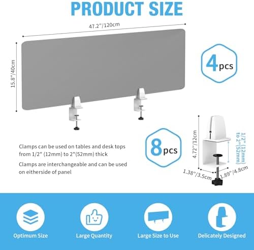 Desk Divider 4 Pcs Desk Privacy Panel 47.2''L x 15.8W'' Office Partitions Grey Acrylic Panel Pack of 4 Desk Divider Partition with Adjustable Universal Base Brand: Yeaborn - Image 2