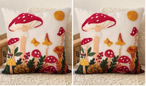 Embroidered Throw Pillow Cover 18x18 Inch - Spring Summer Boho Decorative Pillow Cover with Zipper for Living Room Couch Sofa Bed Aesthetic Design Mushroom Moon Cushion Pillowcase (Pack of 2) by Kokaaee