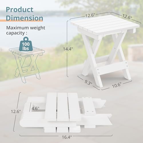 LUE BONA Small Outdoor Folding Side Table HDPS 14 Inch Height, White - Image 3