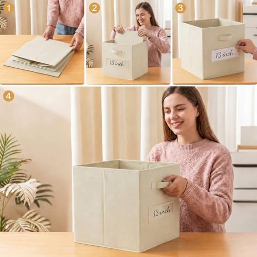 Storage Bins,13 Inch Cube Storage Bin with Labels,6pcs,Beige - Image 5