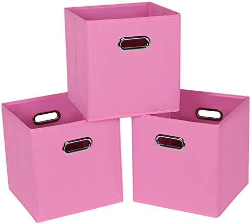 Fabric Cloth Storage Bins,Fabric Cube Bins Organizer with Dual Handles Foldable Cube Storage Baskets for Home Bedroom Storage,Set of 3,(Pink) by SEVENDOME