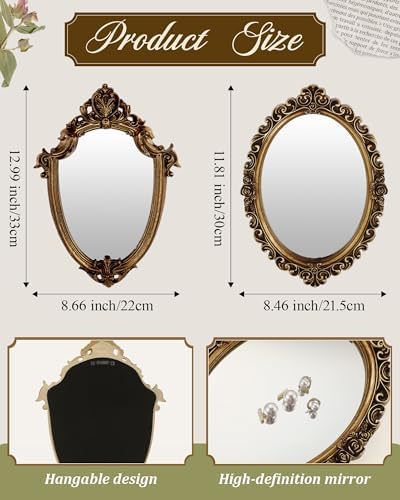 Wonderjune 3 Pcs Vintage Gold Mirror Set Wall Decorative, 8-15in Vintage Wall Mirror Hanging Antique Hanging with Stand for Living Room Home Wedding Decor(Classic Style, 13in/12in/10in) - Image 2