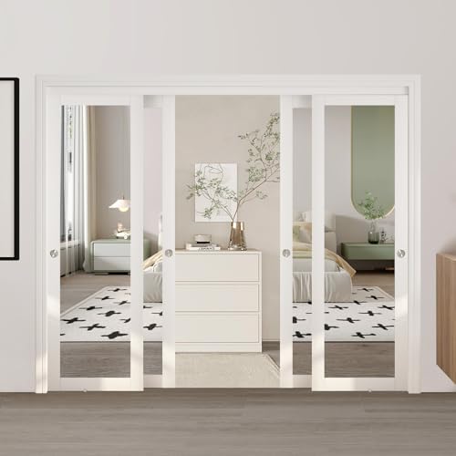 JUBEST 96" x 80" Mirror Closet Door, Preassembled One Side Mirror Door with Hardware Kit & Matching Fascia, Solid Wood Frame with Water-Proof PVC Surface, Easy to Install, White by JUBEST