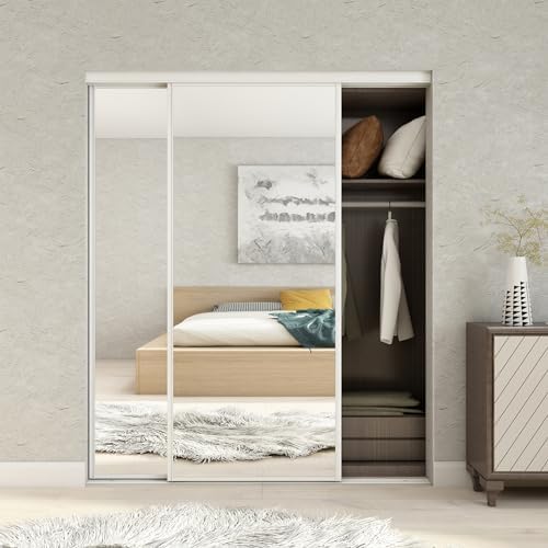 JUBEST Mirrored Closet Door 72 x 80, One Side Mirror Door with Top & Bottom Track Kits, Full Length White Steel Frame Sliding Mirror Closet Door, Easy to Install by JUBEST