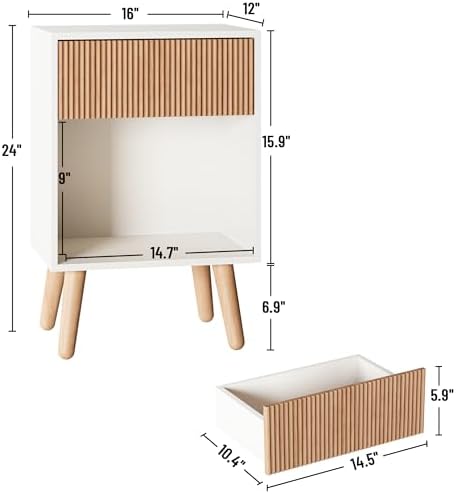 Fluted Nightstand, Modern Bedside Table with Storage Drawers and Open Wood Shelf, Night Stand with Solid Wood Legs, End Tables Side Tables for Living Room, Bedroom - Image 2