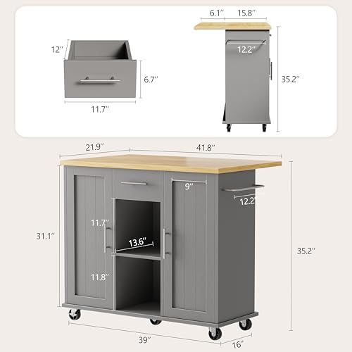 Shintenchi Kitchen Island with Storage, Bar Cart Cabinet Island Table on Wheels, Rolling Microwave Cart for Kitchen with Drop Leaf, Drawers, Towel Rack, Seating Area for Dining Room, Gray - Image 3